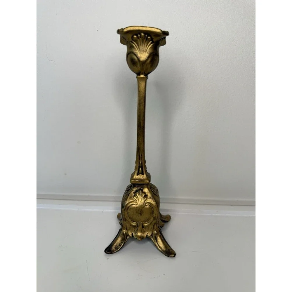 Vintage Gold Tone Ornate Candlestick Holder 8” Hollywood Regency Gothic Decor